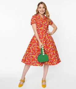 Sale Magnolia Place 1950s Red & Lemon Print Mona Swing Dress