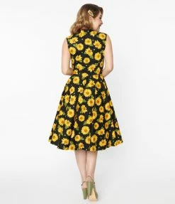 Magnolia Place 1950s Black & Sunflower Print Olivia Swing Dress