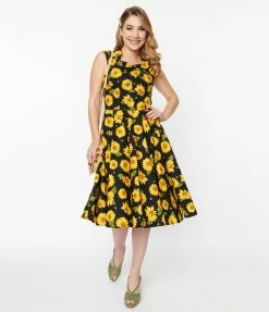 Magnolia Place 1950s Black & Sunflower Print Olivia Swing Dress