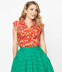 Magnolia Place 1950s Red & Lemon Print Tamara Top Sale