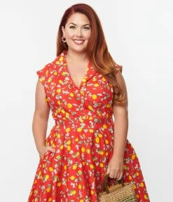 Magnolia Place Plus Size 1950s Red & Lemon Print Tamara Top Sale