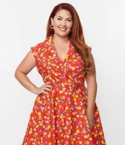 Magnolia Place Plus Size 1950s Red & Lemon Print Tamara Top Sale