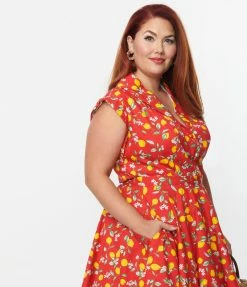 Magnolia Place Plus Size 1950s Red & Lemon Print Tamara Top Sale