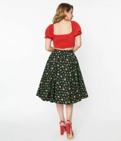 Clothing Magnolia Place Black & Pin Dot Cacti Print Sally Swing Skirt