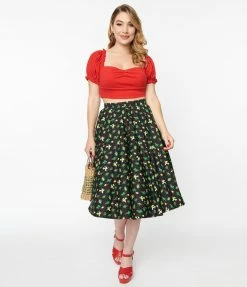 Clothing Magnolia Place Black & Pin Dot Cacti Print Sally Swing Skirt