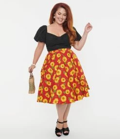 Sale Magnolia Place Plus Size Red Sunflower Jane Swing Skirt