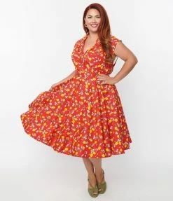 Sale Magnolia Place Plus Size Red & Lemon Print Sally Swing Skirt