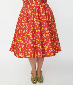 Sale Magnolia Place Plus Size Red & Lemon Print Sally Swing Skirt