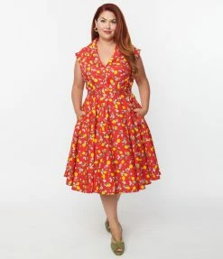 Sale Magnolia Place Plus Size Red & Lemon Print Sally Swing Skirt