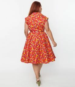 Sale Magnolia Place Plus Size Red & Lemon Print Sally Swing Skirt