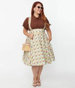 Magnolia Place Plus Size White & Wildflower Print Abby Pinafore Skirt