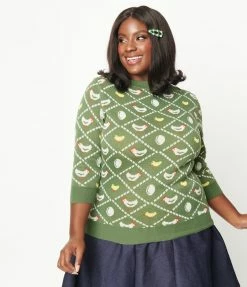 Unique Vintage Plus Size Green Chicken & The Egg Minou Sweater New Arrivals!