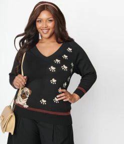 Unique Vintage Plus Size Black & Brown Pug Shelly Sweater Trending
