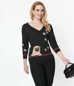 Trending Unique Vintage Black & Brown Pug Shelly Sweater