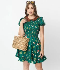 Smak Parlour Green & Mushroom Salad Smocked Fit & Flare Dress New Arrivals!