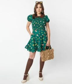 Smak Parlour Green & Mushroom Salad Smocked Fit & Flare Dress New Arrivals!