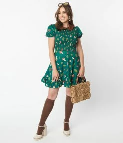 Smak Parlour Green & Mushroom Salad Smocked Fit & Flare Dress New Arrivals!
