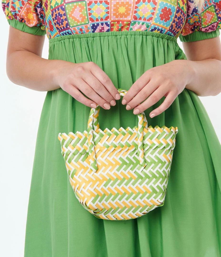 FAME Accessories Yellow & Green Basket Weave Tote Sale