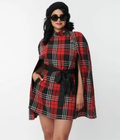 Trending Smak Parlour Red & Black Plaid Savile Row Cape Coat