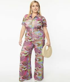 Smak Parlour Plus Size Purple & Green Abstract Paisley Jumpsuit