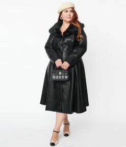 New Arrivals! Unique Vintage Plus Size Black Vegan Leather & Fur Carrie Swing Coat