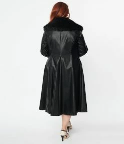 New Arrivals! Unique Vintage Plus Size Black Vegan Leather & Fur Carrie Swing Coat