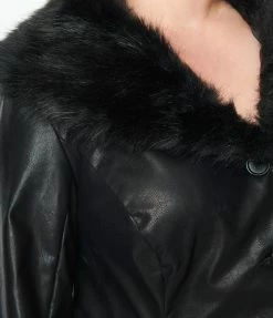 New Arrivals! Unique Vintage Plus Size Black Vegan Leather & Fur Carrie Swing Coat