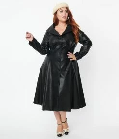 New Arrivals! Unique Vintage Plus Size Black Vegan Leather & Fur Carrie Swing Coat