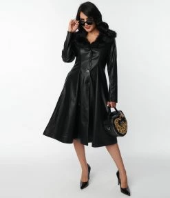 Unique Vintage Black Vegan Leather & Fur Carrie Swing Coat
