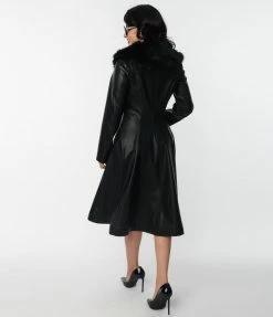 Unique Vintage Black Vegan Leather & Fur Carrie Swing Coat