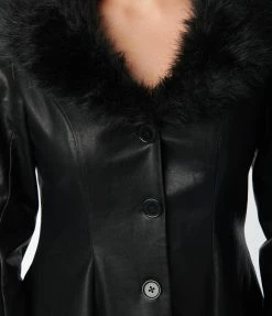 Unique Vintage Black Vegan Leather & Fur Carrie Swing Coat