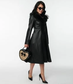 Unique Vintage Black Vegan Leather & Fur Carrie Swing Coat