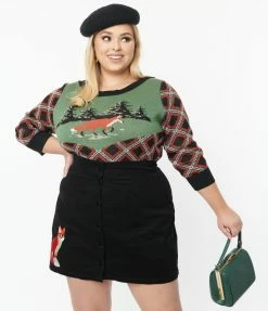 Smak Parlour Plus Size Black & Red Plaid Fox Sweater