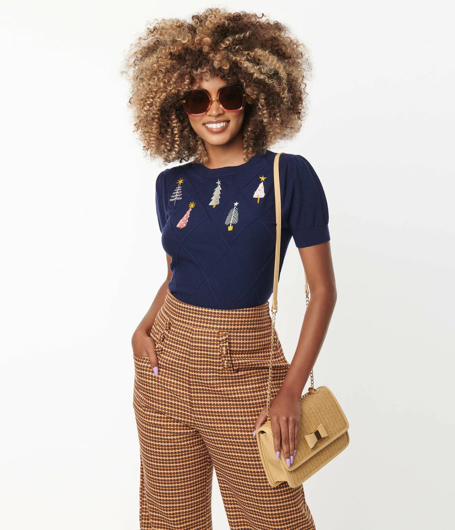 Unique Vintage Navy Christmas Tree Embroidered Sweater Clothing