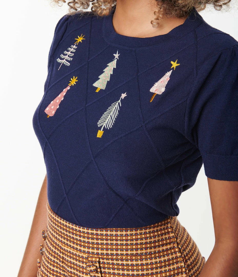 Unique Vintage Navy Christmas Tree Embroidered Sweater Clothing