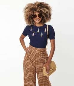 Unique Vintage Navy Christmas Tree Embroidered Sweater Clothing