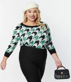Clothing Unique Vintage Plus Size Green & Black Houndstooth Cats Lorelai Sweater