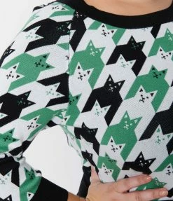 Clothing Unique Vintage Plus Size Green & Black Houndstooth Cats Lorelai Sweater