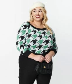 Clothing Unique Vintage Plus Size Green & Black Houndstooth Cats Lorelai Sweater