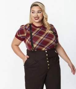 Unique Vintage Plus Size Burgundy Plaid Sweater