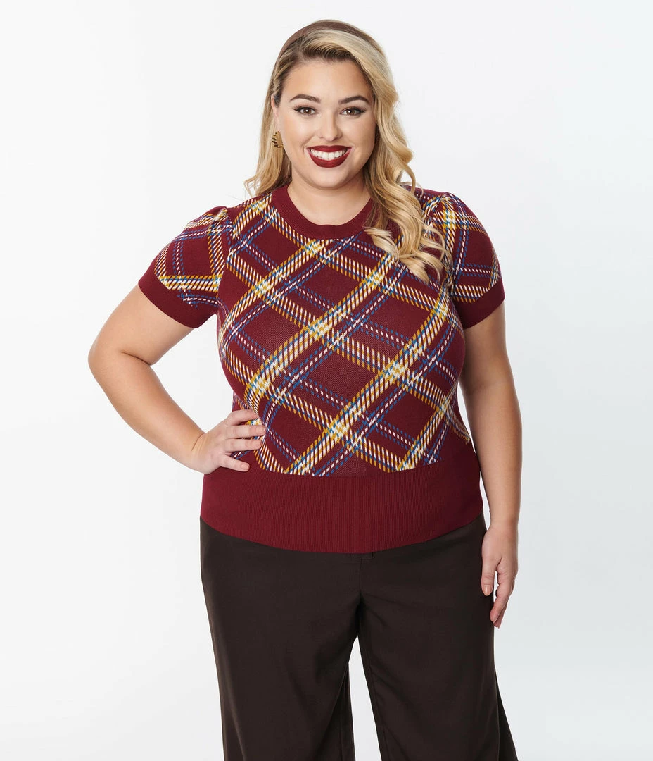 Unique Vintage Plus Size Burgundy Plaid Sweater
