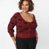 New Arrivals! Unique Vintage Plus Size Burgundy & Black Bows Dandy Cardigan
