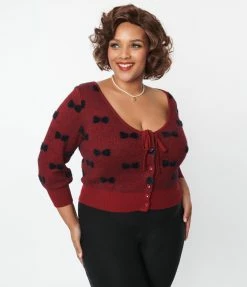 New Arrivals! Unique Vintage Plus Size Burgundy & Black Bows Dandy Cardigan