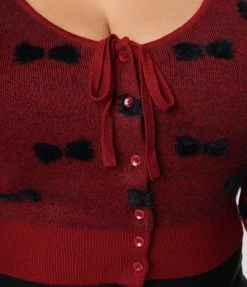 New Arrivals! Unique Vintage Plus Size Burgundy & Black Bows Dandy Cardigan