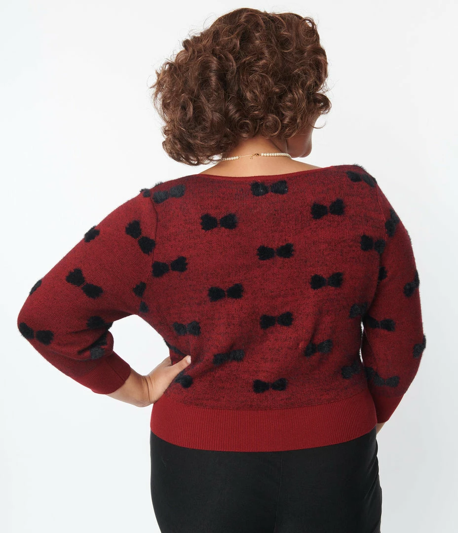 New Arrivals! Unique Vintage Plus Size Burgundy & Black Bows Dandy Cardigan