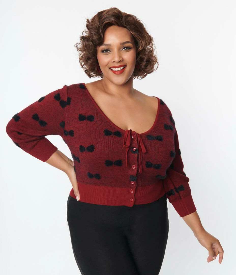 New Arrivals! Unique Vintage Plus Size Burgundy & Black Bows Dandy Cardigan