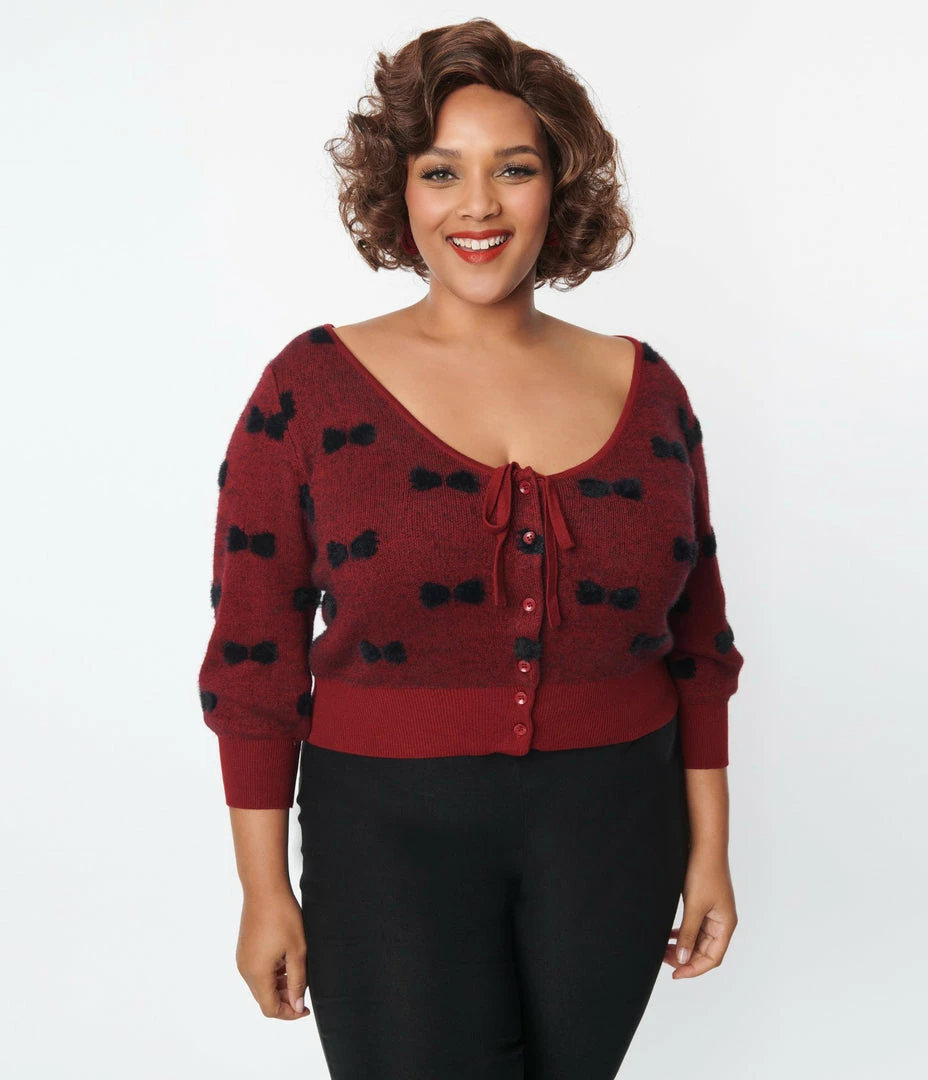 New Arrivals! Unique Vintage Plus Size Burgundy & Black Bows Dandy Cardigan