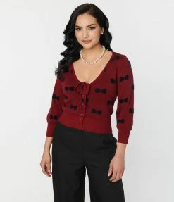 Unique Vintage Burgundy & Black Bows Dandy Cardigan