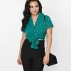 Unique Vintage Teal Polka Dot Shirley Crop Top