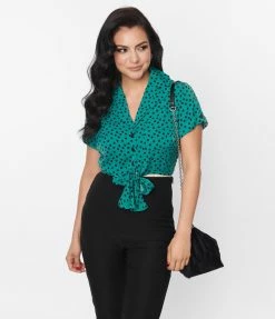 Unique Vintage Teal Polka Dot Shirley Crop Top